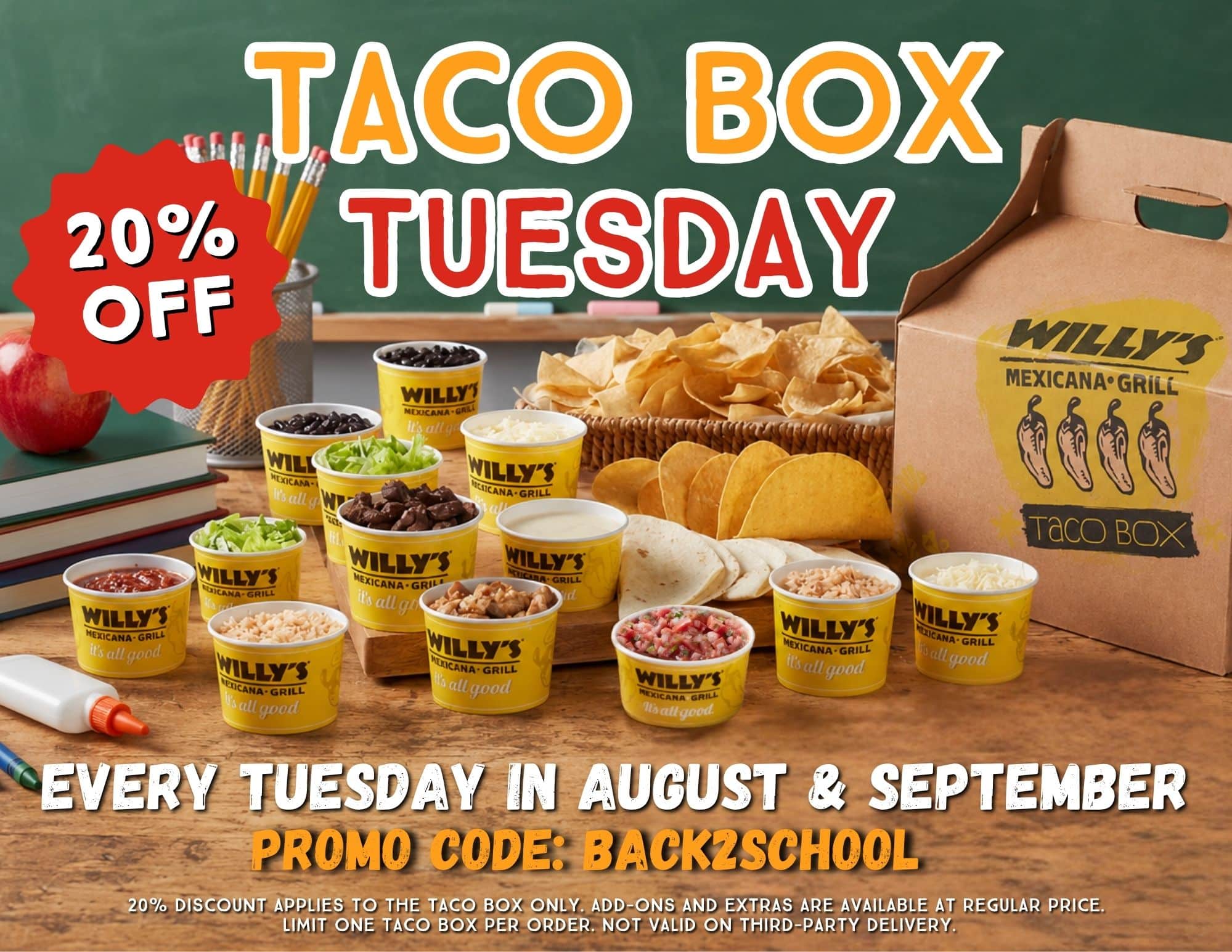 Every Tuesday in August & September, get 20% OFF your Taco Box when you order online and use code BACK2SCHOOL at checkout